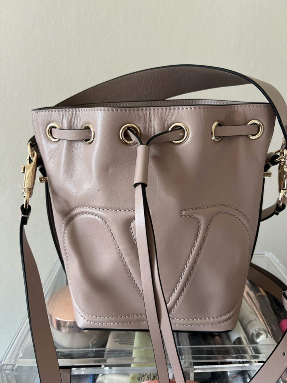 Valentino Garavani Leather V-Bucket Bag in Mauve Taupe with Gold Hardware